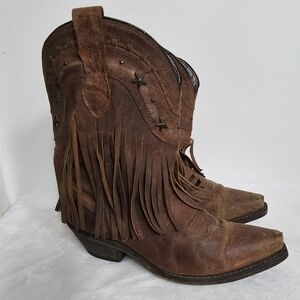 Dingo Brown Fringe Western Cowgirl  Metal Star Studded Pull On Leather Boots